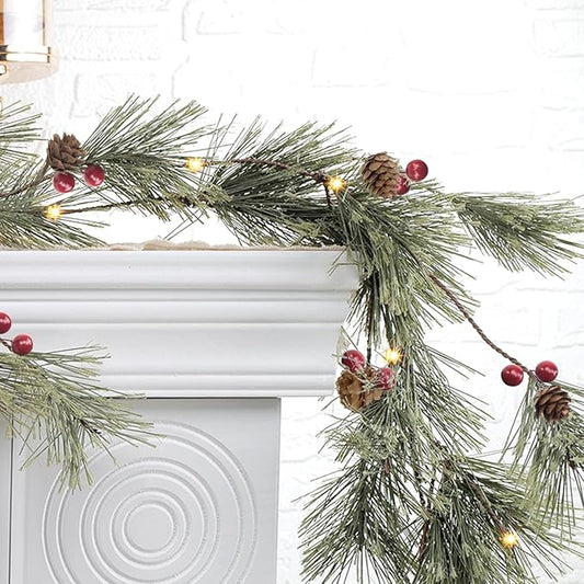 6.4 FT Artificial Cedar Garlands, Real Touch Winter Pine Garland with Red Berries, Green Greenery Garland for Table, Mantle, Wall, Indoor, Outdoor Christmas Decorations
