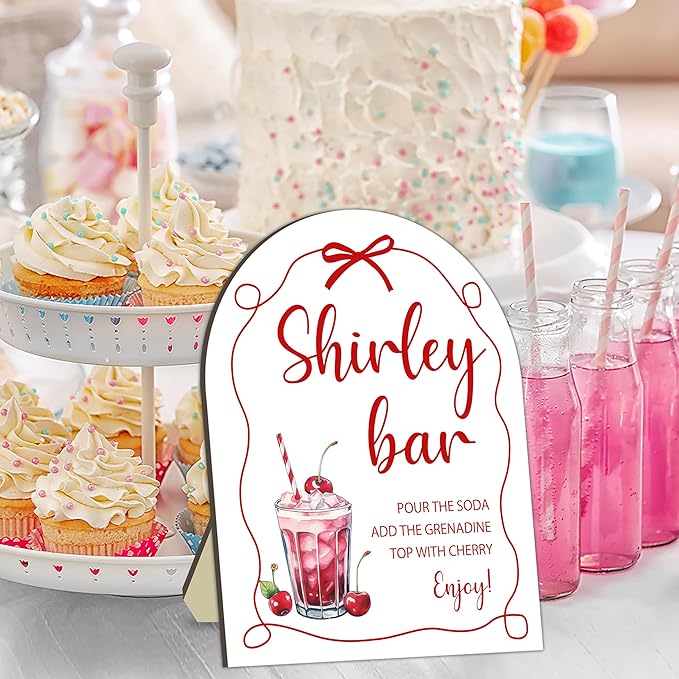 Bow Shirley Bar Sign, Baby Shower Welcome Sign, Baby Shower Table Decor Sign, Party Reception Signs, Red Bow Babies Party Decor Supplies, Wooden Sign with Stand, Wedding Parties Decor Favor 8x10 Inch