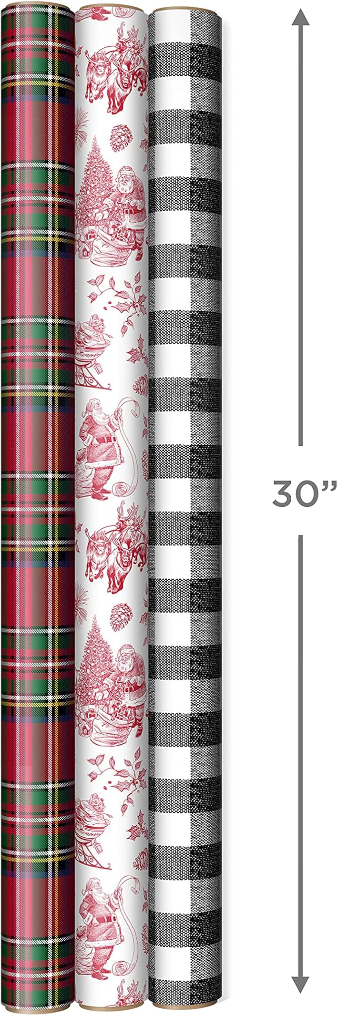 Hallmark Holiday Plaid Wrapping Paper with Cutlines and Optional DIY Bow Templates on Reverse (3-Pack: 120 Sq. Ft. Ttl) Red Toile, Black Buffalo Check, Plaid for Christmas, Birthdays, Weddings, Crafts