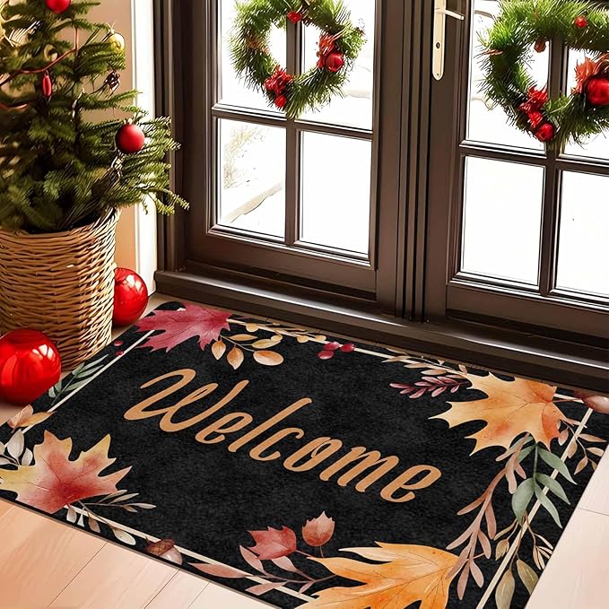 Fall Welcome Maple Leafs Decorative Door Mat, Autumn Thanksgiving Doormat for Indoor Outdoor Entrance Floor Mats,Fall Pumpkins Non Slip Harvest Vintage Decor Rubber Welcome Mats 30" x 18" Inch