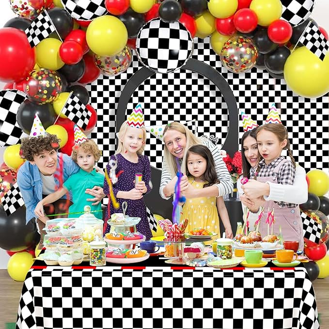 WNINK 4 PCS Racing Car Theme Tablecloths Car Disposable Plastic Tablecloths Black Checkered Flag Table Covers Racetrack Rectangular Tablecloth for Race Car Birthday Party Decorations, 54 x 108 Inch