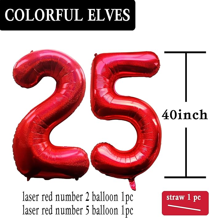 Laser Red Number 25 Balloons 40 Inch Giant Number Red 25 Foil Mylar Balloons for 25th Birthday Anniversary Events Party Decorations