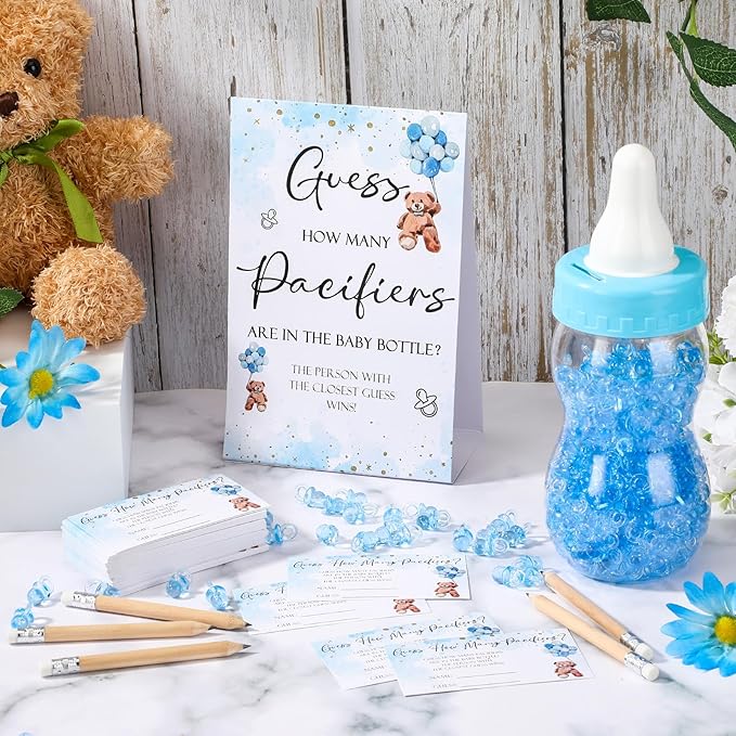 Roowest 512 Pcs Baby Shower Games Guess How Many Pacifiers Sign 100 Small Guessing Games 10 HB Pencils 750ml Milk Bottle 400 Acrylic Pacifiers Decoration for Guest Gender Reveal(Blue,Bear)