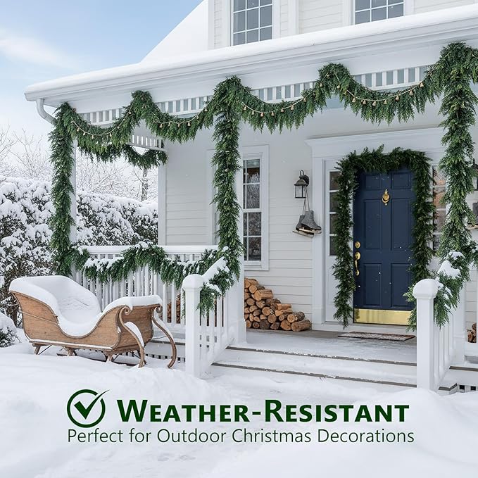 6Ft Real Touch Christmas Cedar Garland, Realistic Full Cedar Garland with Bells Decor, Green Artificial Pine Needles Garlands for Mantel, Fireplace, Stairs Railing, Tables, Christmas Decorations