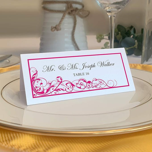 Scribble Vintage Swirl Place Cards, Fuschia (Choose Color), Set of 25, Pre-cut and Scored - Wedding, Party, Dinner, and Special Events - Made in the USA
