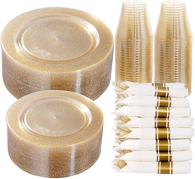 DaYammi 350 Pieces Gold Glitter Dinnerware Set 50 Guest for Party Thanksgiving Plates Disposable - 50 Dinner Plates, 50 Dessert Platos -50 Per Rolled Napkins with Gold Cutlery -50 Disposable Cups 9 OZ
