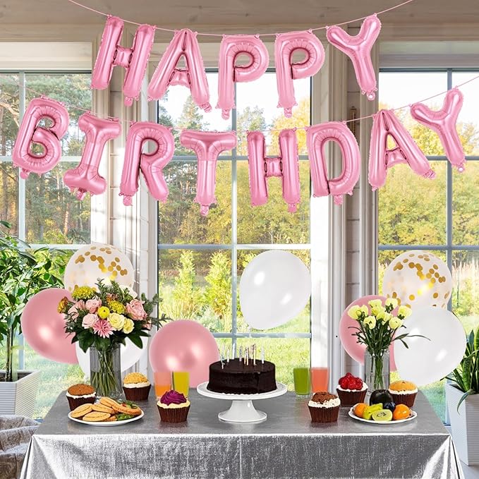 65 Pcs Pink Happy Birthday Balloons and 2 Sets A-Z Letters Foil Balloons, 16 Inch Personalized Name Happy Birthday Banners for Wedding Baby Shower Anniversary Party Decorations (Pink)