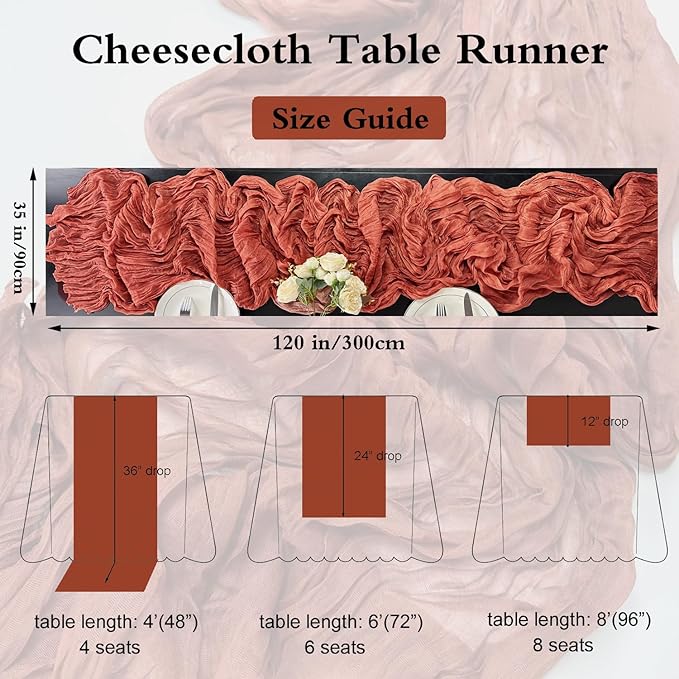 Booque Valley Fall Table Runner Terracotta Cheesecloth 10ft Soft Boho Wrinkled Decorative Gauze Sheer for Autumn Thanksgiving Holiday Party Centerpiece Decoration Table Decor, 35x120 Inch, 1 Pc