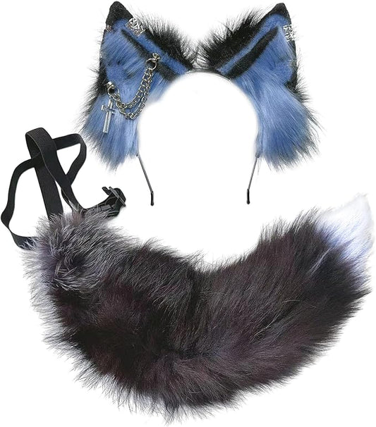 Wolf Ears Tail Set Fox Wolf Headbands Clips Fluffy Cosplay Costumes, Gothic Punk Accessories for Halloween