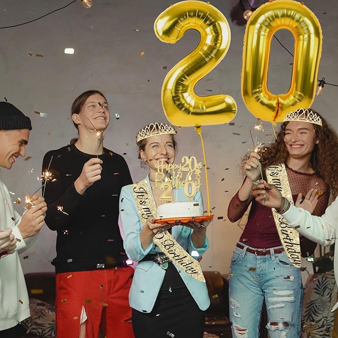 20th Birthday Decorations for Women Gold with 20th Birthday Tiara and Sash, Cake Topper and Candles, Number Balloons, 20 Year Old Gifts for Women