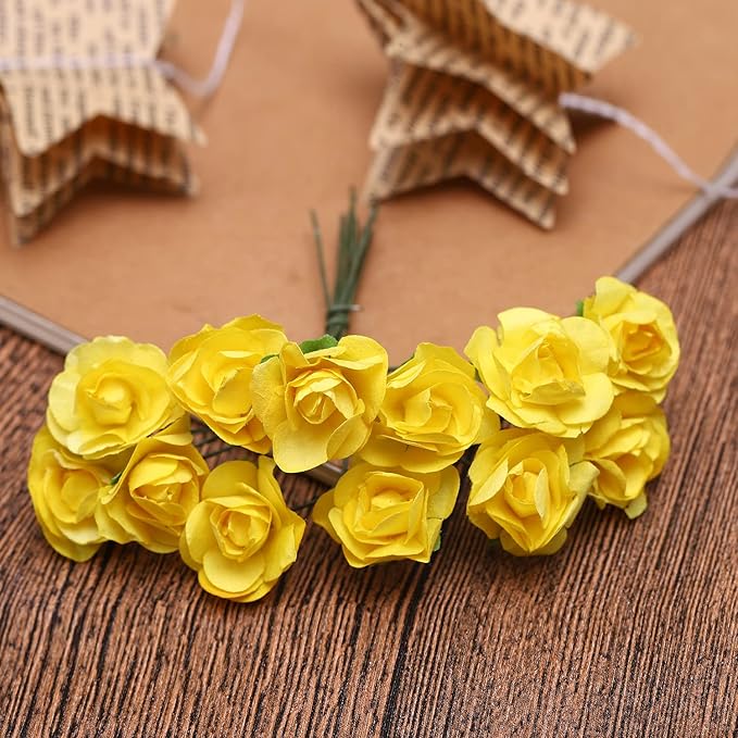 144pcs Mulberry Paper Mini Roses Artificial Flowers Heads with Stems for DIY Crafts Accessories Make Bridal Hair Clips Headbands Dress Wedding Bridal Bouquets Party Home Decor Valentine's (Yellow)
