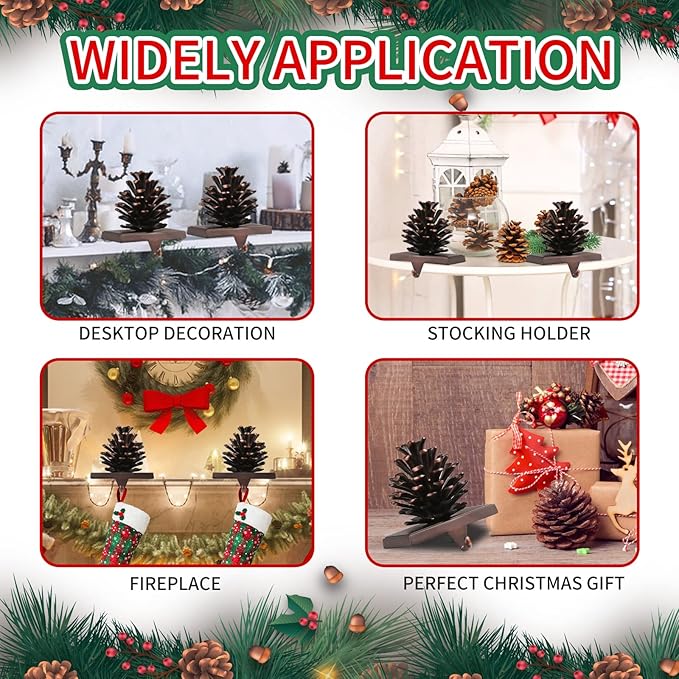JUSTOTRY 3D Pine Cones Christmas Stocking Holders for Mantle Set of 2 with Non-Skid Brown Stocking Hangers for Fireplace Home Decor Holiday Gifts Xmas Decorations Supplies
