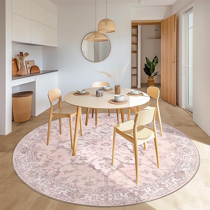 Area Rugs 8ft Washable Non-Slip, Floral Vintage Distress Print Pattern Medallion Carpet for Living Room Bedroom Dining Room, Pink Greypink Cute