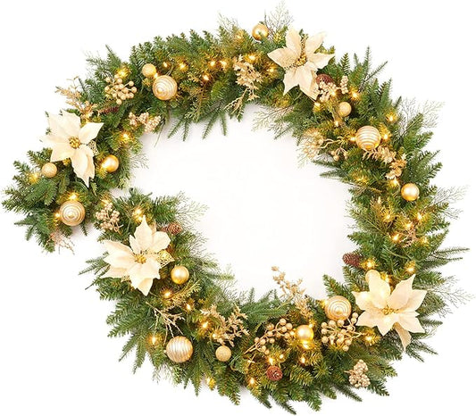9Ft Christmas Garland Prelit with Gold Berries and Balls,Flower and 50 Lights Plug in,Holiday Decoration Fireplace Stairs Mantle Door Indoor Outdoor