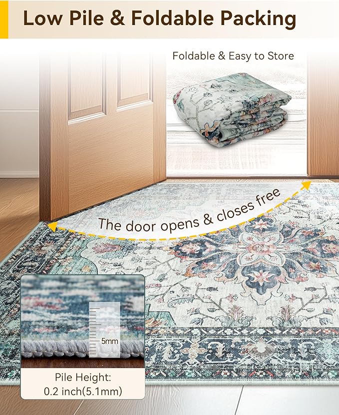 Area Rugs 8ft Washable Non-Slip, Floral Vintage Distress Print Pattern Medallion Carpet for Living Room Bedroom Dining Room, Green Navy Blue White Red Teal Colorful