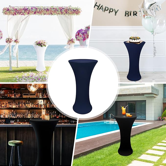 2PCS 24x43 Inch Round Fitted Cocktail Table Cover Navy Spandex Cocktail Table Cloth Highboy Fitted Tablecloth High Top Table Cloths for Party Pub Banquet Bistro