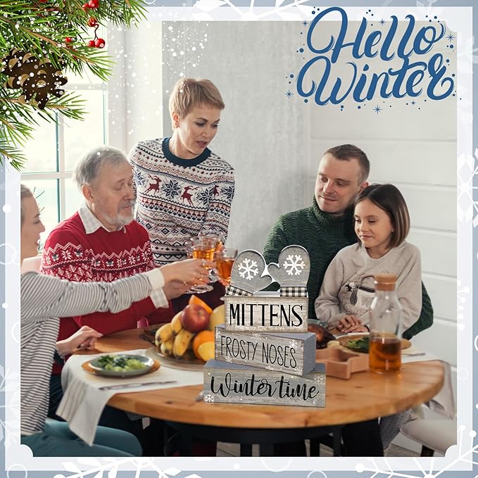 4 Pcs Christmas Table Decorations Wooden Gloves Decor Winter Tiered Tray Decor Rustic Snowflake Block Signs Gift Farmhouse Christmas Centerpiece for Winter Wonderland Party Kitchen Home