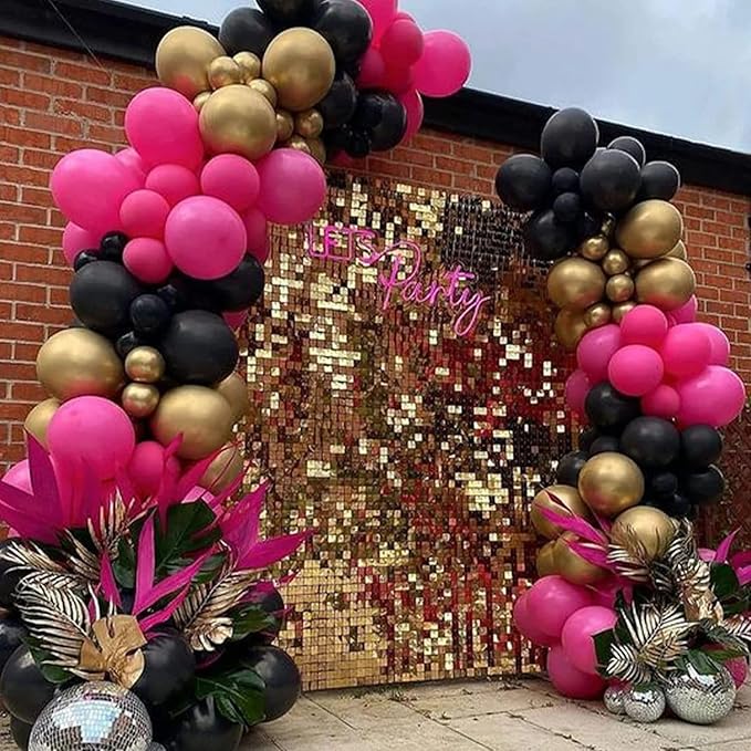 Hot Pink Black Balloon Arch Kit,Balloon Garland with Black Hot Pink Star Foil Balloons Metallic Gold Balloons for Birthday Baby Shower Wedding Engagement Anniversary Party Decorations