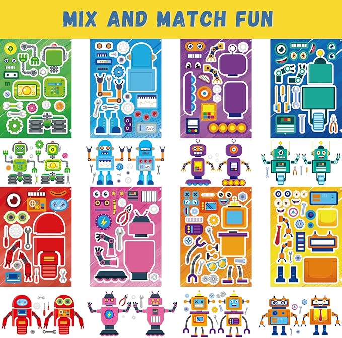 Create-Your-Own-Sticker, 32 Sticker Sheets for Kids Party Favors, Robot Stickers for Kids, Sticker Faces for Kids, Educational Party Favors, Birthday Party Activities, Robot Birthday Party Supplies