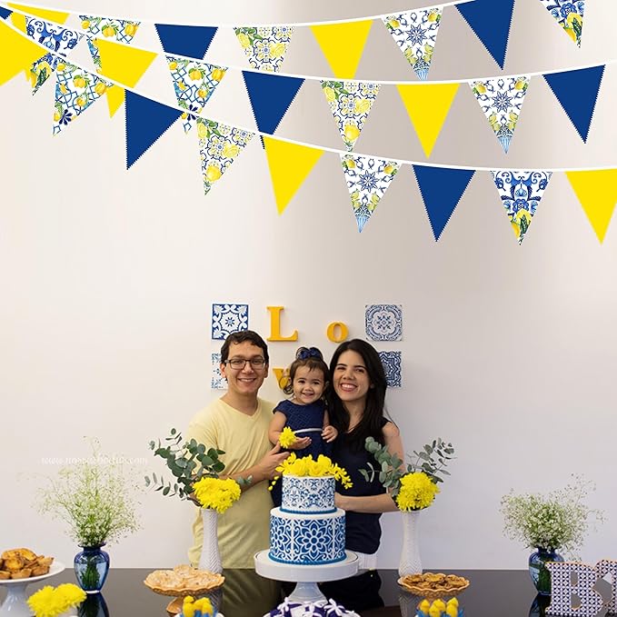 32Ft Capri Lemon Party Decorations Blue Tiles Yellow Lemon Fabric Pennant Banner Triangle Flag Garland Streamer for Amalfi Coast Capri Yellow Blue Tiles Mediterranean Birthday Baby Shower Supplies