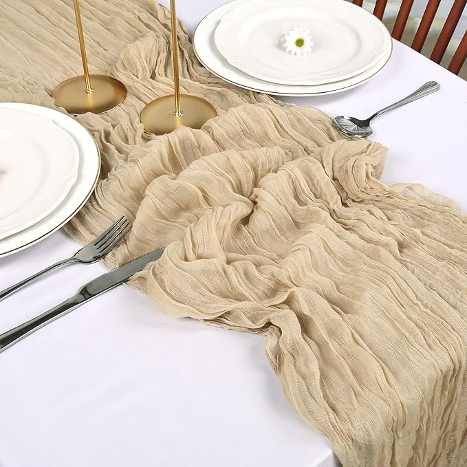 12 Pack Beige Cheesecloth Table Runner 10FT Boho Cheese Cloths Gauze Fabric Table Runners 120 Inch Rustic for Fall Thanksgiving Wedding Birthday Party Baby Shower Home Decorations