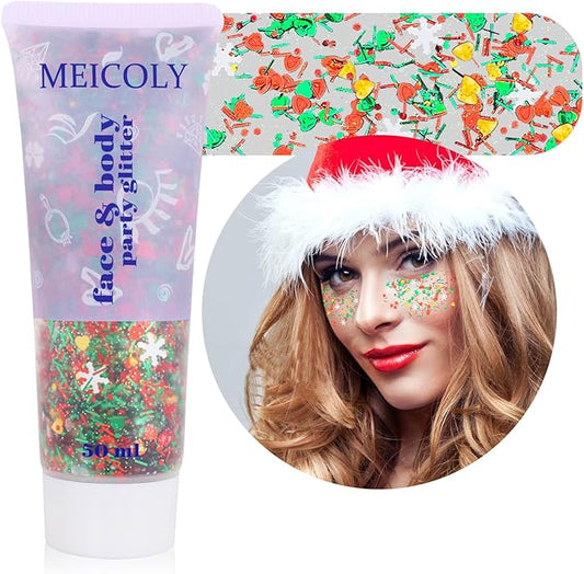 MEICOLY Christmas Face Body Glitter Gel,Christmas Hair Glitter,Christmas Accessories Stocking Stuffers Gift Decorations,Festival Face Glitter Makeup for Women Kids Girls,Chunky Glitter Face Paint