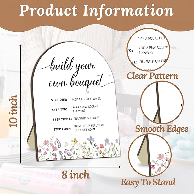 Bouquet Bar Wooden Sign, Floral Station Board for Baby Party, Tabletop Welcome Sign for Baby Shower, Flower Table Signs for Gender Reveal Party, DIY Bloom Bouquet Table Decor Sign with Stand 8x10 In