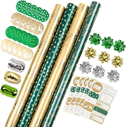 WRAPAHOLIC Green Christmas Wrapping Paper Set - Green and Gold Metallic Foil Shine Christmas Wrapping Paper Bundle with Gift Bow & Ribbon & Tag & Sticker
