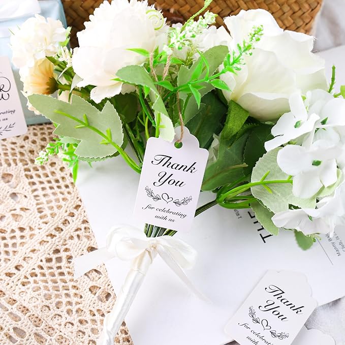 SallyFashion 100PCS Thank You Tags, 1.7 x 2.8 inch White Paper Gift Tags with Strings for Wedding Bridal Party Baby Shower Invitation