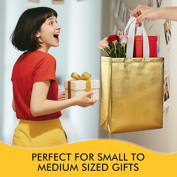 RACETOP 100 Pcs Gold Reusable Gift Bags Medium Size, 8x4x10 Inch Gold Gift Bags with Handles & Sturdy Base, Ideal for Birthday, Wedding, Bachelorette, Party Favors, Holiday Goodie