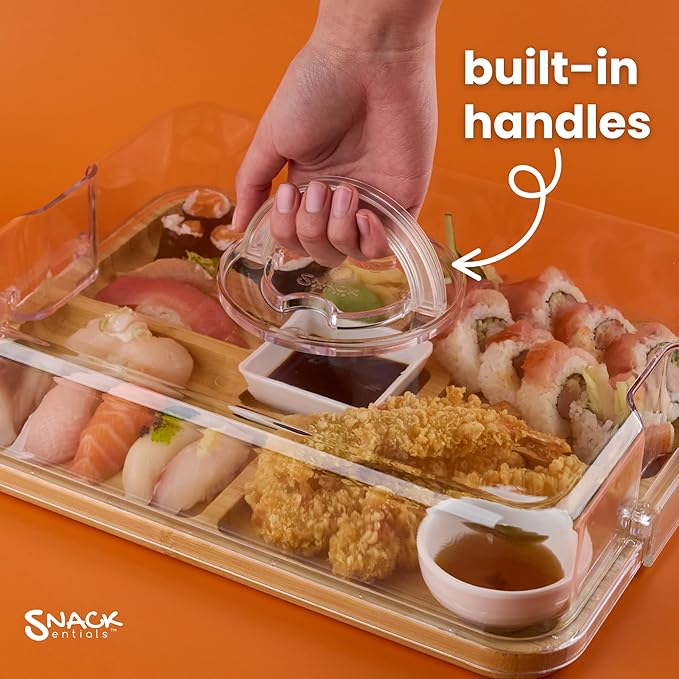 Charcuterie Board with Lid and Handle – Bamboo Travel Snack Tray with 5 Sections and 2 Dip Bowls, 11x14 inches, Covered Portable Cheese Platter for Picnics, Parties, Gifts