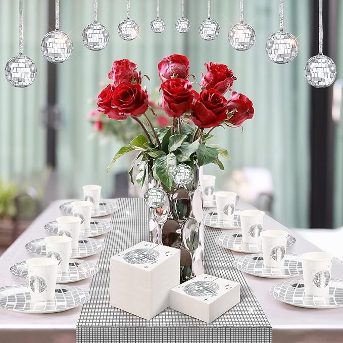 121 Pcs 70s 80s Disco Ball Christmas Party Decorations Disposable Paper Plates Napkins Cups Bachelorette Silver Balls Tableware Set for Wedding Cocktail Birthday Dancing Queen Party(Silver)