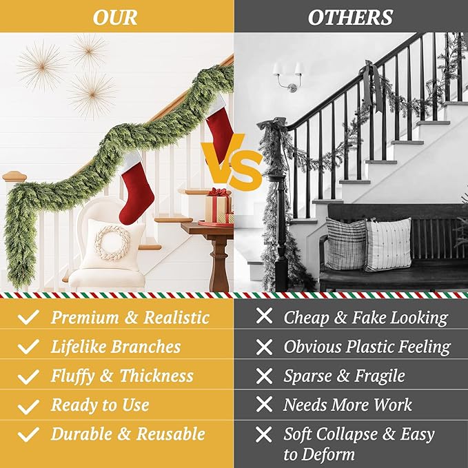 Upgraded 2X Thickened Lush Full Realistic Appearance 6FT Christmas Garland Non-Break Premium Quality Pine Garland for Mantle, Fireplace, Stairs, Indoor & Outdoor Christmas Decorations (1Pcs)