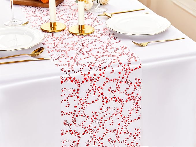 YATOJUZI Red Tulle Table Runner,16 Ft Star Sheer Chiffon Table Runner,Sequin Glitter Metallic Foil Red Table Decorations Centerpiece for Wedding Birthday Christmas Party