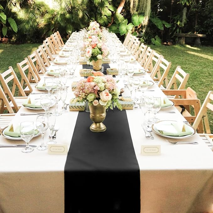 10 Pack Satin Table Runner Black 12 x 108 Inch Long,Satin Silk Table Runner for Wedding,Birthday Party and Banquet(Black,10 Pack)