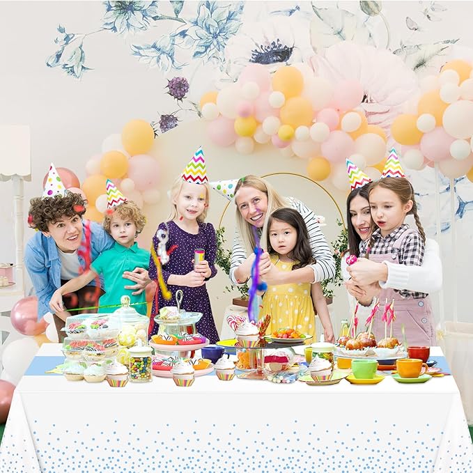 WNINK 2 Pack White and Light Blue Tablecloths, Light Blue Disposable Plastic Waterproof Table Cover, 54" x 108", for Birthday, Baby Shower，Wedding, Bridal Shower, Picnic Camping Parties