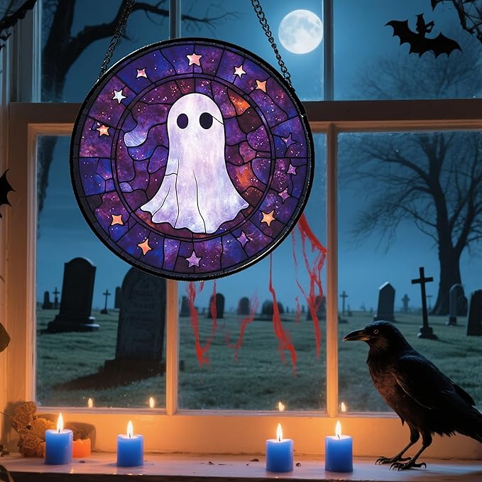 Stained Glass Window Hanging - Halloween White Star Ghost Purple Starry Sky Suncatcher for Doors Garden Indoor Spooky Sun Catchers Gothic Decor Horror Gifts for Women Men Friend 15 in