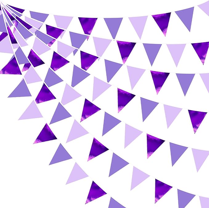 32Ft Purple Party Decorations Metallic Purple Triangle Banner Flag Pennant Fabric Garland Streamers for Lavender Birthday Baby Shower Bachelorette Wedding Violet Graduation Party Decor Supplies