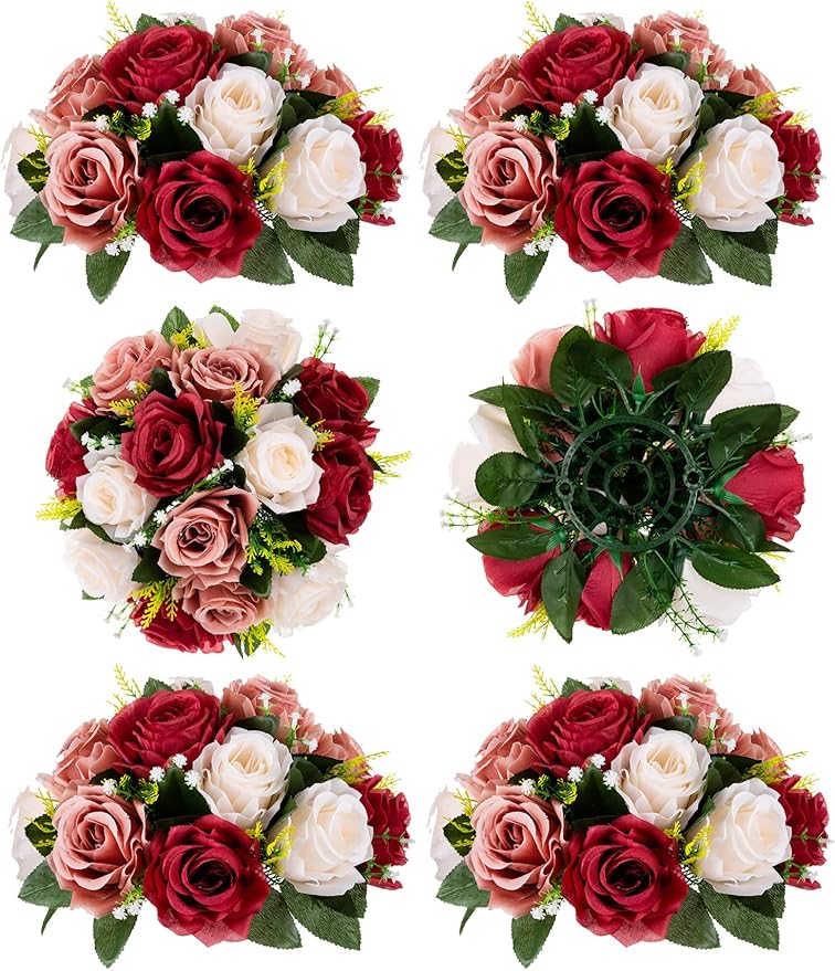 BLOSMON Wedding Flowers Decorations for Table: 6 Pcs Burgundy & Dusty Rose & Creamy White Fake Rose Flowers Balls Centerpieces- Artificial Silk Kissing Floral Arrangements Home Party DIY Decoration