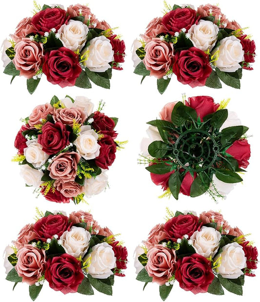BLOSMON Wedding Flowers Decorations for Table: 6 Pcs Burgundy & Dusty Rose & Creamy White Fake Rose Flowers Balls Centerpieces- Artificial Silk Kissing Floral Arrangements Home Party DIY Decoration