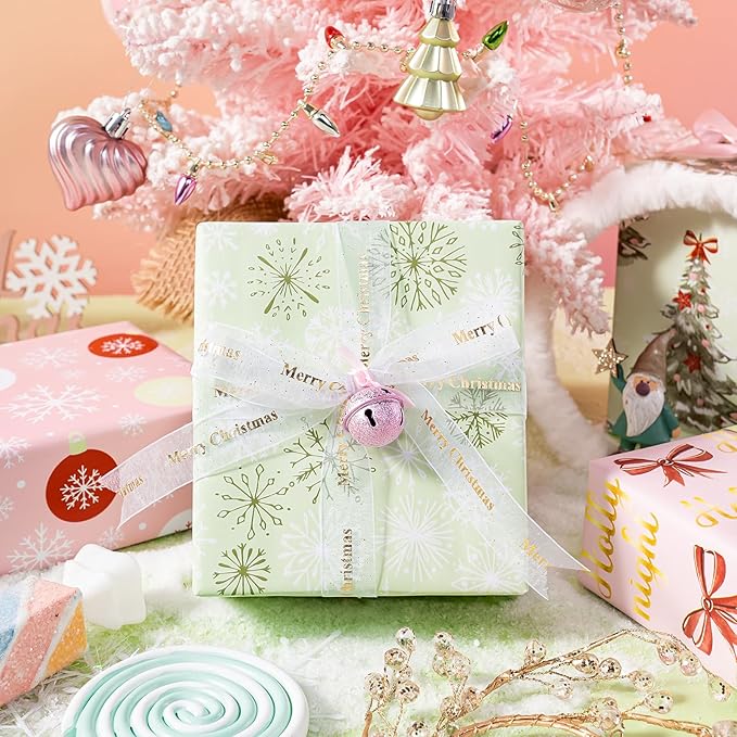 WRAPAHOLIC 30 Inch Christmas Wrapping Paper Roll - Jumbo Roll Light Green and Pink Christmas Tree, Snowflakes and Holly Red Bow Wrapping Paper - 4 Rolls - 30 Inch x 120 Inch Per Roll