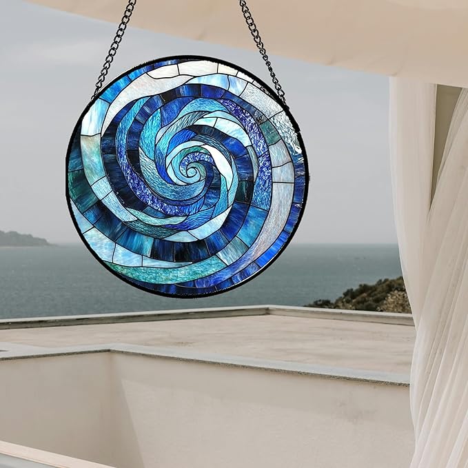 Stained Glass Window Hanging - Blue Abstract Swirl Suncatcher for Doors Garden Patio Unique Sun Catchers Decor Christmas Mother's Day Birthday Gifts for Women Men Mom Nana Friend 6.3 in