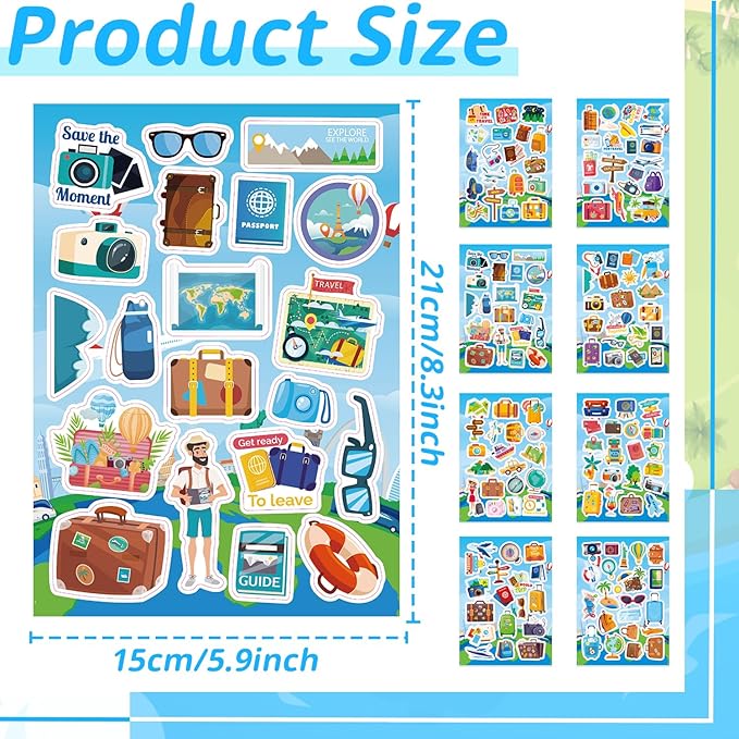 24 Sheets Travel Stickers for Kids, 470Pcs Outdoor Stickers Summer Crafts Sticker Sheets for Reward Water Bottles Scrapbooking Gifts Bags Cards Decor Party Favors Supplies