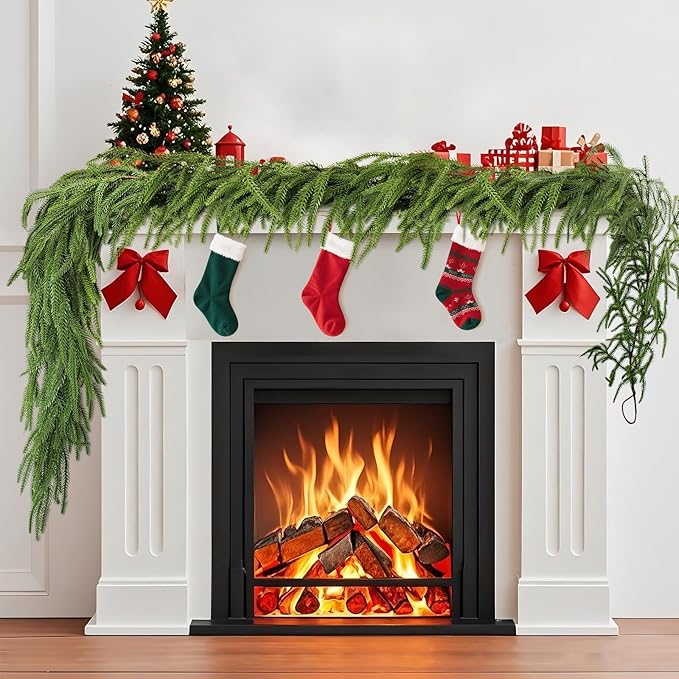 Norfolk Pine & Cedar Garland Set - 4x 6FT Realistic Artificial Cedar Garland Christmas Greenery for Mantle, Staircase, Indoor/Outdoor Holiday Decor Lush Evergreen