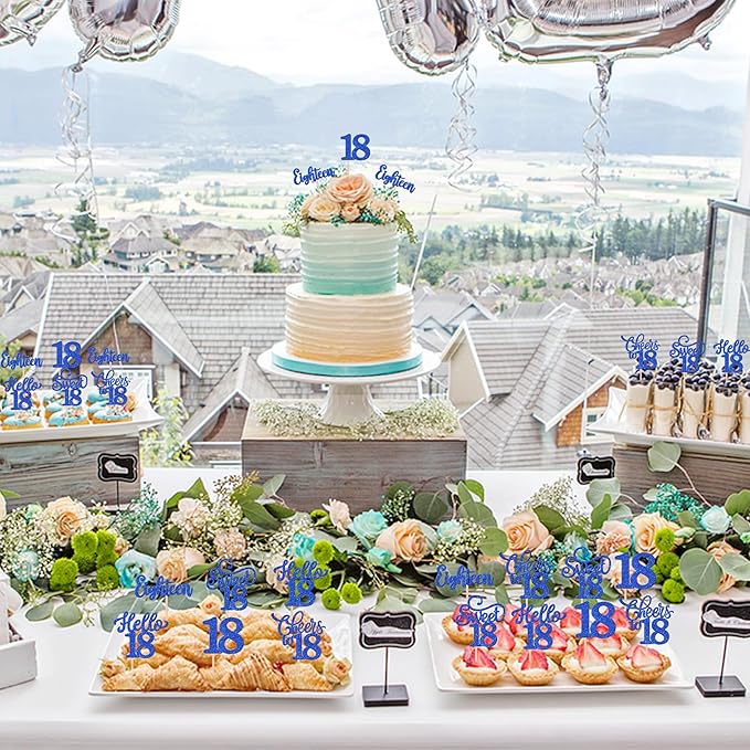 30PCS Happy 18th Birthday Cupcake Toppers Glitter Eighten Sweet 18 Hello 18 Cupcake Picks Cheers to 18 Birthday Decorations for 18th Birthday Anniversary Party Cake Decoration Supplies Blue