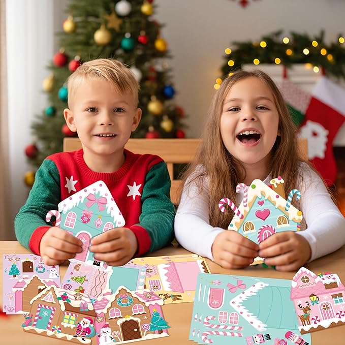 CY2SIDE Christmas Gingerbread House Stickers - 40PCS Pink Gingerbread House Make a Face Sticker Sheets for Kids School Reward, DIY Santa Claus Sticker Game Xmas Winter Party Favor for Home Fun Project