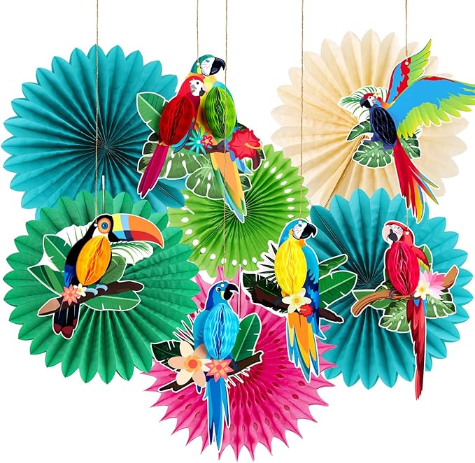 Tropical Parrot Party Decorations, Green Teal Jungle Theme Decorations for Summer Hawaiian Luau Tiki Party Supplies Hanging Tissue Paper Fans Honeycomb Balls Poms.