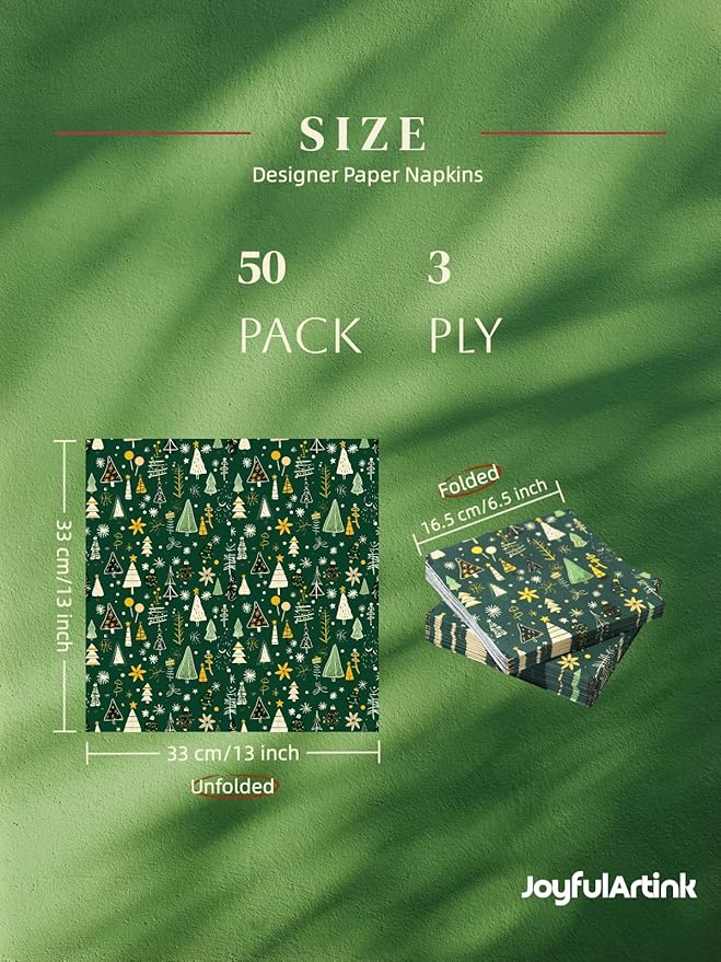 Premium Designer Paper Napkins, 3-Ply 6.5 x 6.5-inches Fold Disposable Decorative Winter Guest Christmas Holly Green Festive New Year Tree Party Lunch Dinner Napkin (50, Festive Green)
