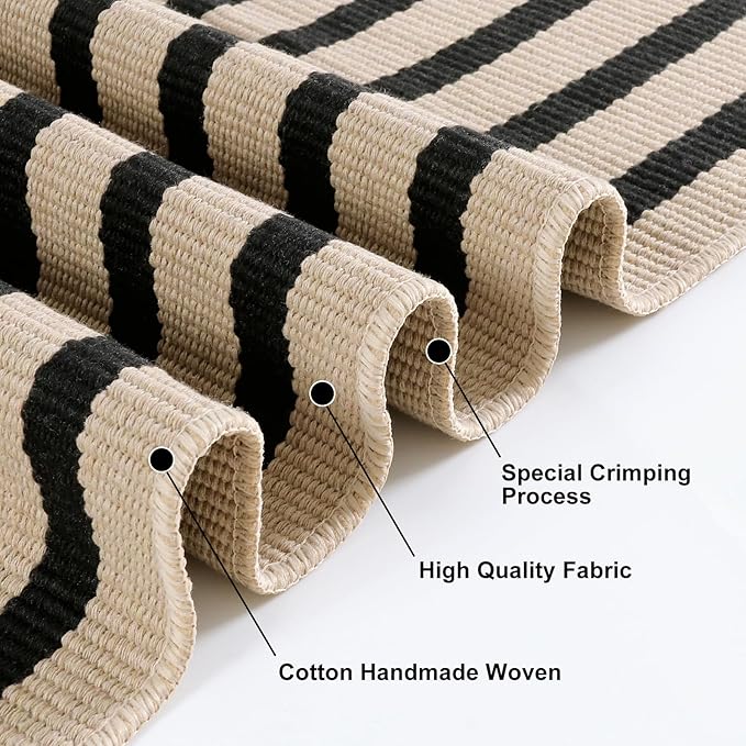 KIMODE Fall Front Door Mats 24"x35", Washable Halloween Porch Decor, Farmhouse Striped Layered Doormat Outdoor, Black and Khaki Cotton Woven Autumn Rugs for Entryway Kitchen Thanksgiving