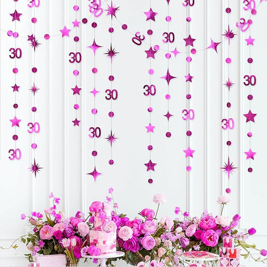 Hot Pink 30th Birthday Decorations Number 30 Circle Dot Twinkle Star Garland Glitter Hanging Streamer Bunting Banner Backdrop for Women Mens Dirty Thirty Cheers to 30 Years Anniversary Party Supplies